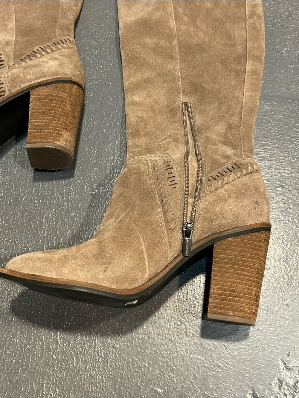 Vince Camuto Taupe Suede Knee-High Block Heel Boots - Picture 2 of 16